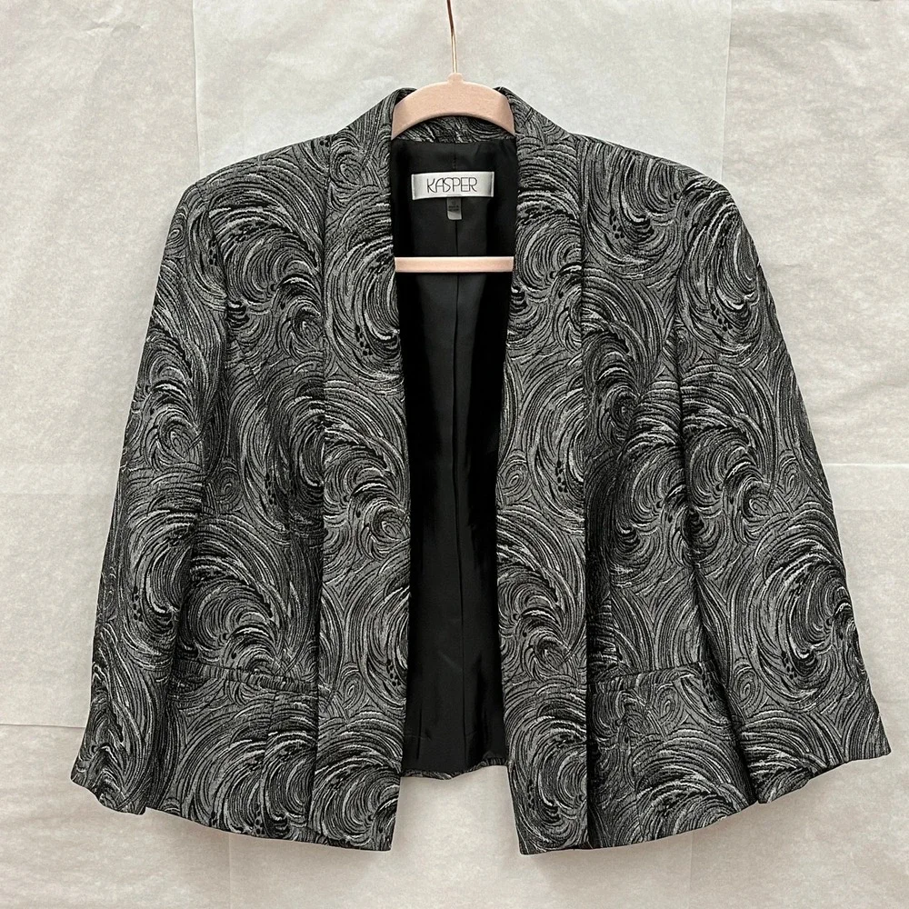 Kasper Blazer Womens 10 Silver Metallic Swirl Jacquard Open Front Shimmer Jacket